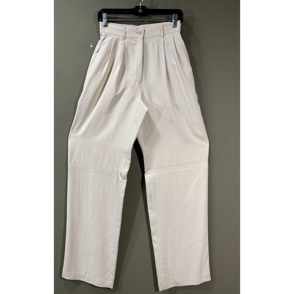 Vtg J. Crew 90s Silk Trousers High Rise Pleated Womens Sz 6 Beige Luxury (25x32)